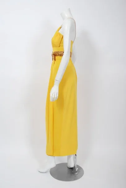 1970's Jacques Cassia Couture Yellow Jersey & Metal Draped Dress