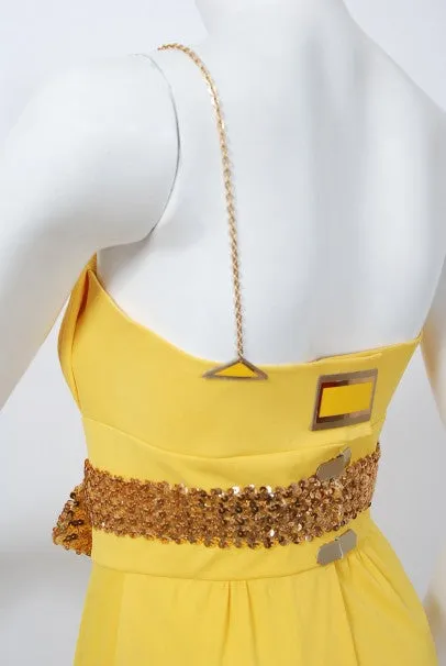 1970's Jacques Cassia Couture Yellow Jersey & Metal Draped Dress