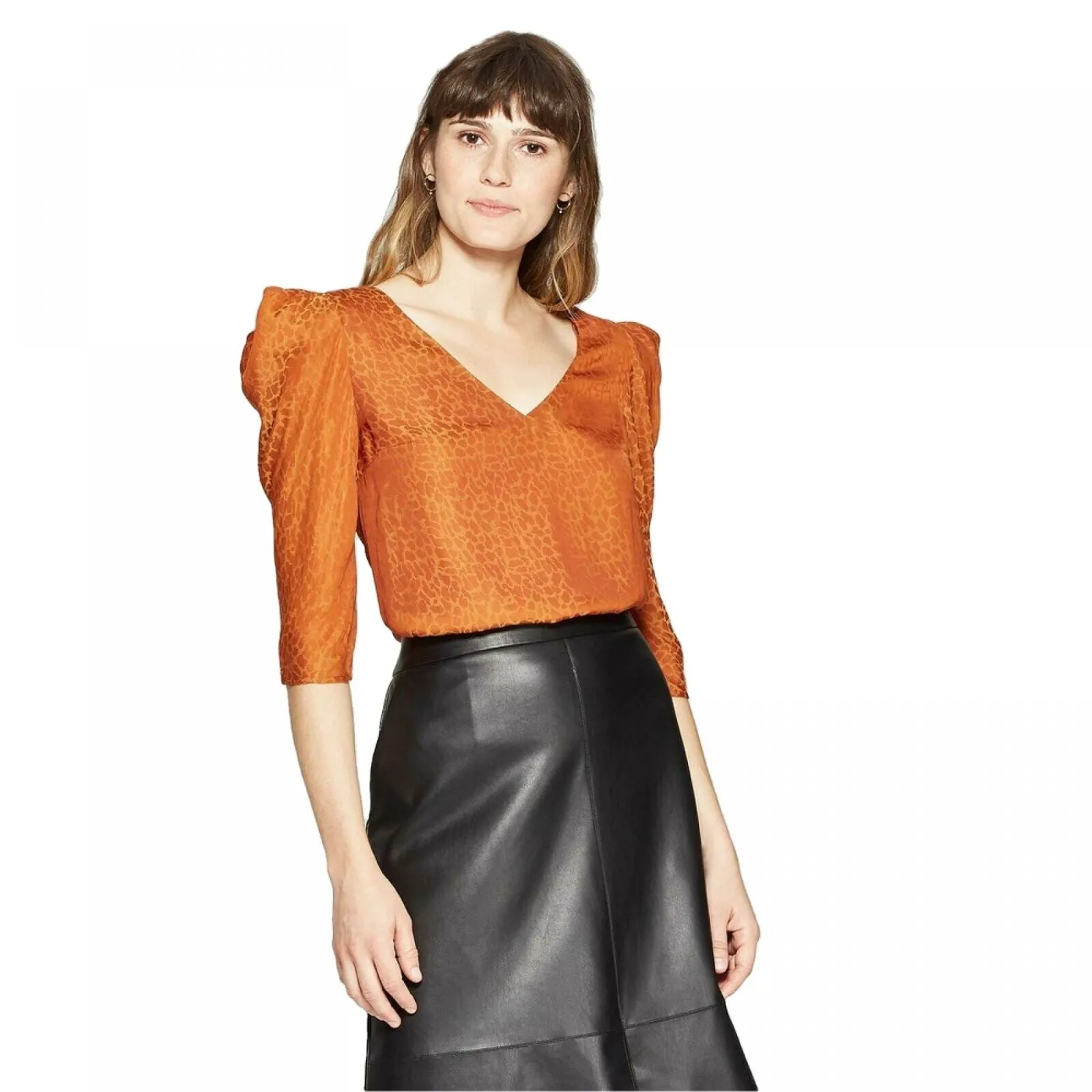 A New Day Women's Leopard Print Elbow Sleeve V-Neck Regular Fit Blouse