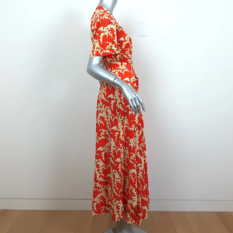 A.L.C. Asymmetric Belted Midi Dress Orange Printed Silk Size 4 Short Sleeve