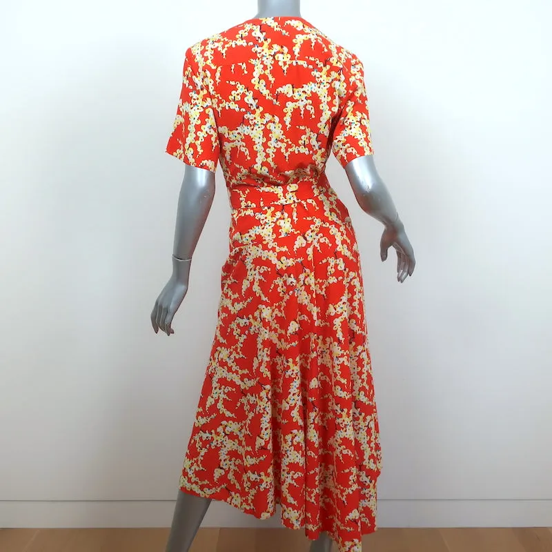 A.L.C. Asymmetric Belted Midi Dress Orange Printed Silk Size 4 Short Sleeve