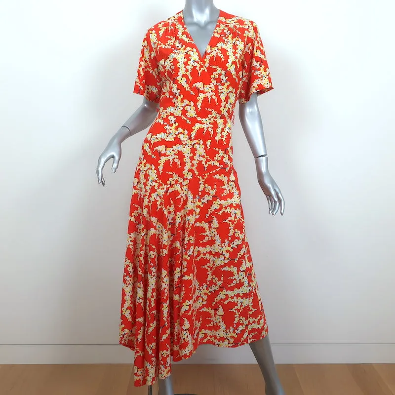 A.L.C. Asymmetric Belted Midi Dress Orange Printed Silk Size 4 Short Sleeve