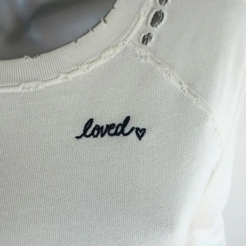 AMO Loved Sweatshirt White Distressed Cotton Size Small Crewneck Pullover