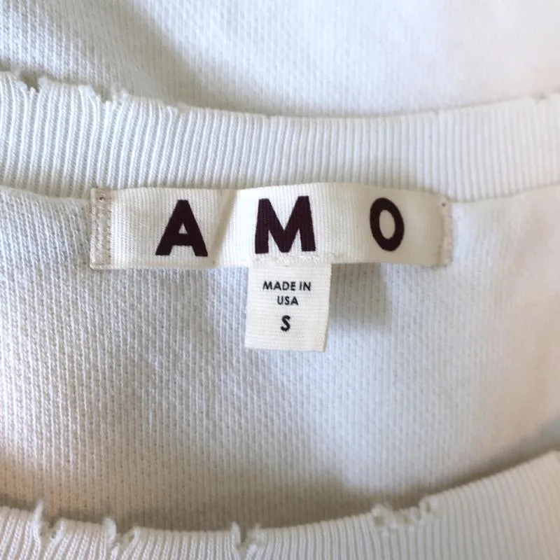 AMO Loved Sweatshirt White Distressed Cotton Size Small Crewneck Pullover