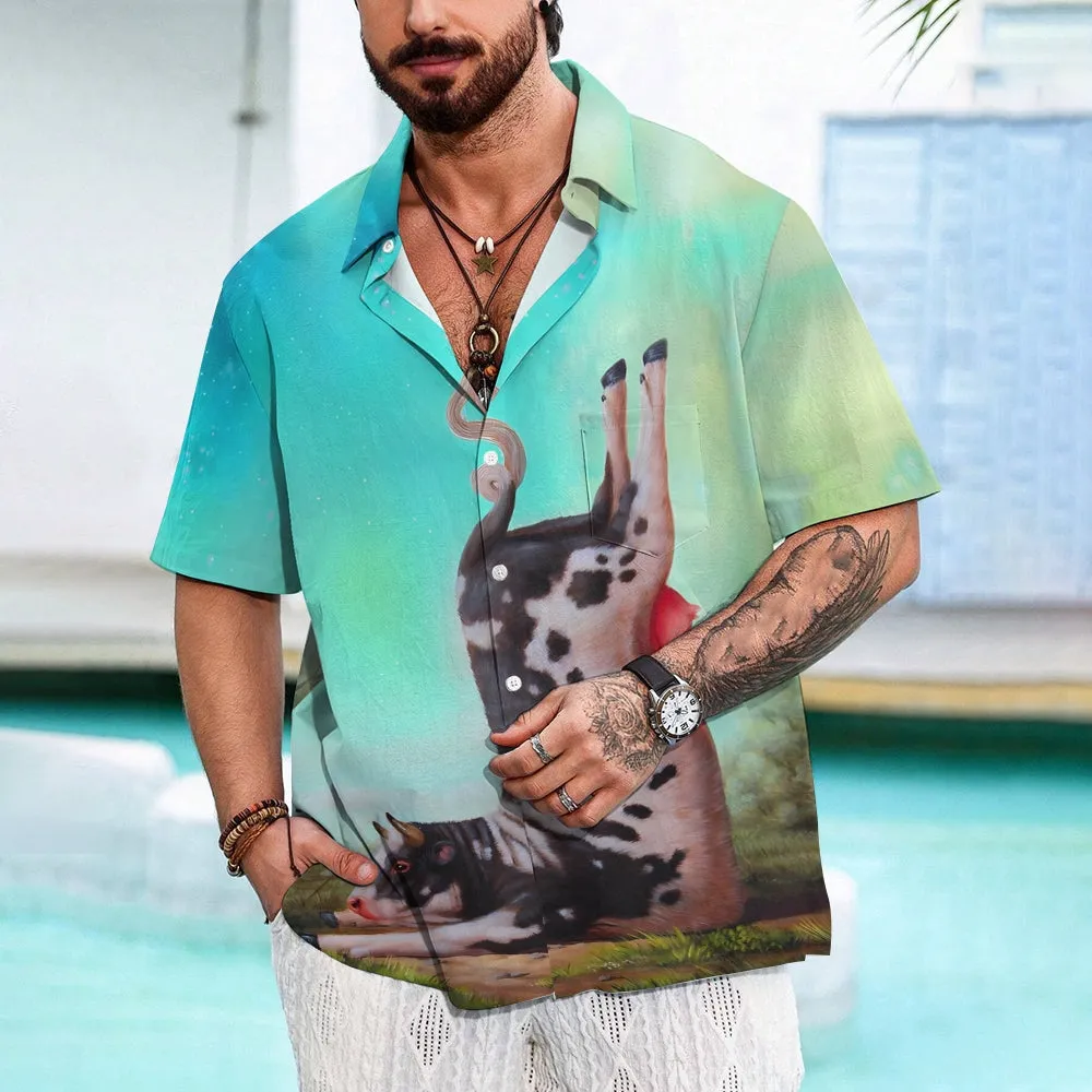 Animal Cow Button Pocket Casual Short Sleeve Shirt 2412009220