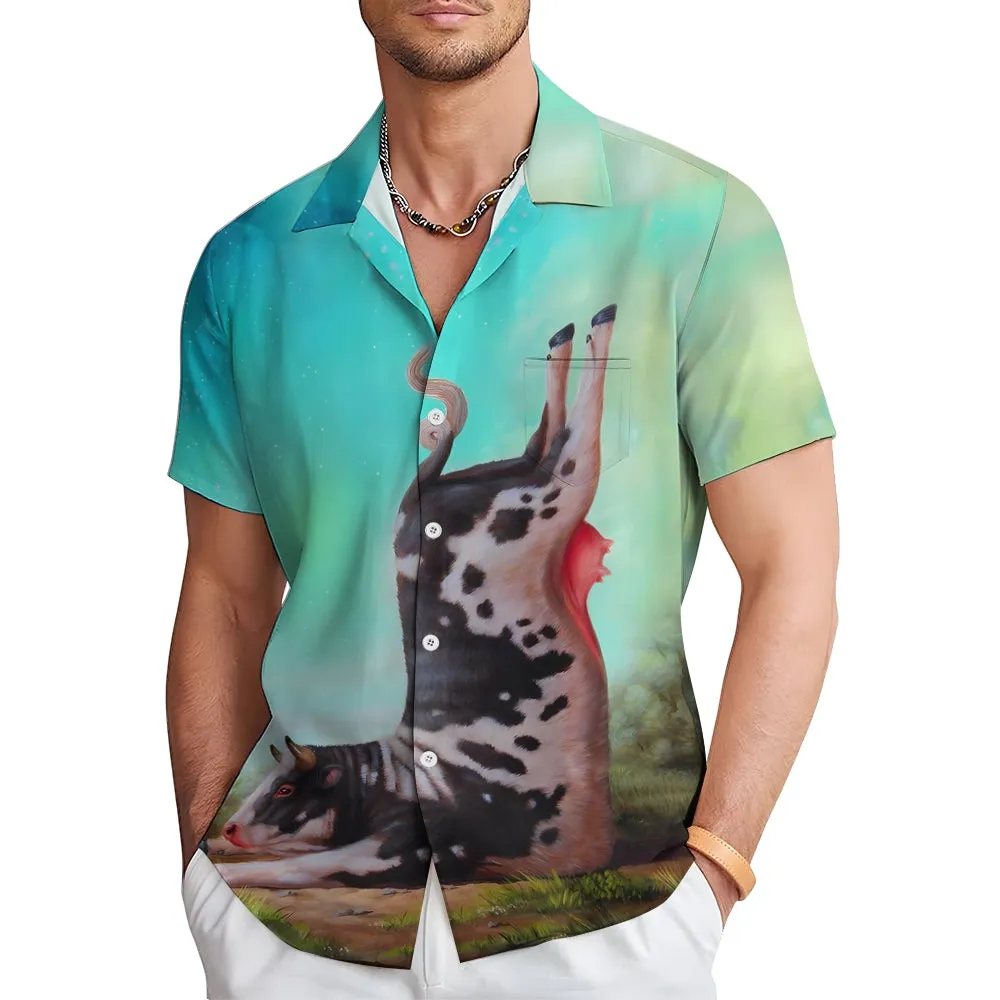 Animal Cow Button Pocket Casual Short Sleeve Shirt 2412009220