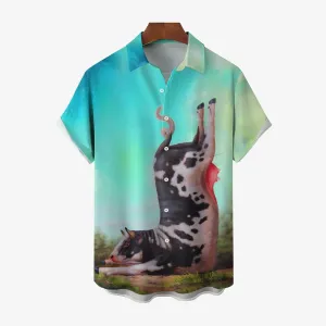 Animal Cow Button Pocket Casual Short Sleeve Shirt 2412009220