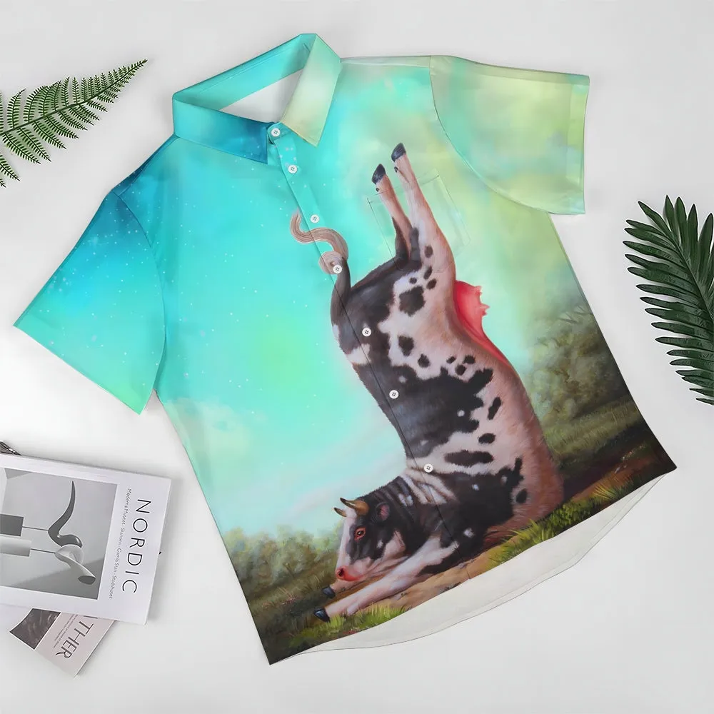 Animal Cow Button Pocket Casual Short Sleeve Shirt 2412009220