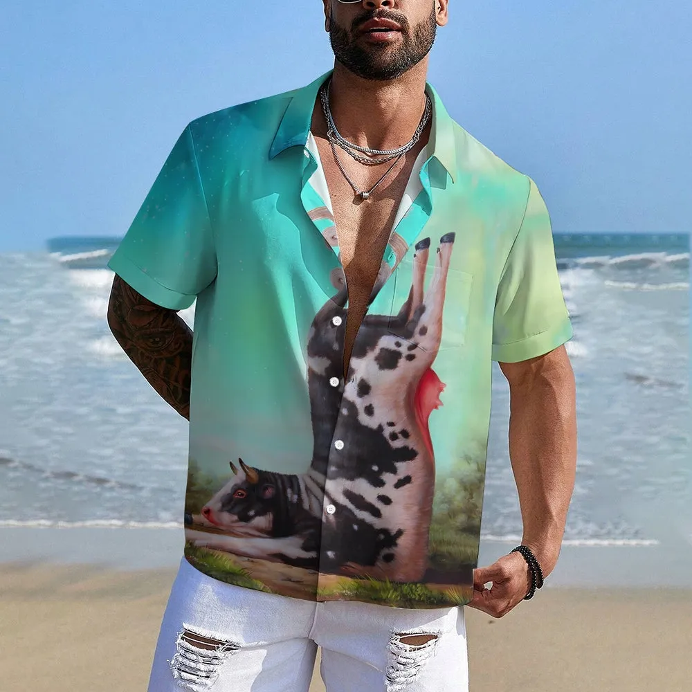 Animal Cow Button Pocket Casual Short Sleeve Shirt 2412009220