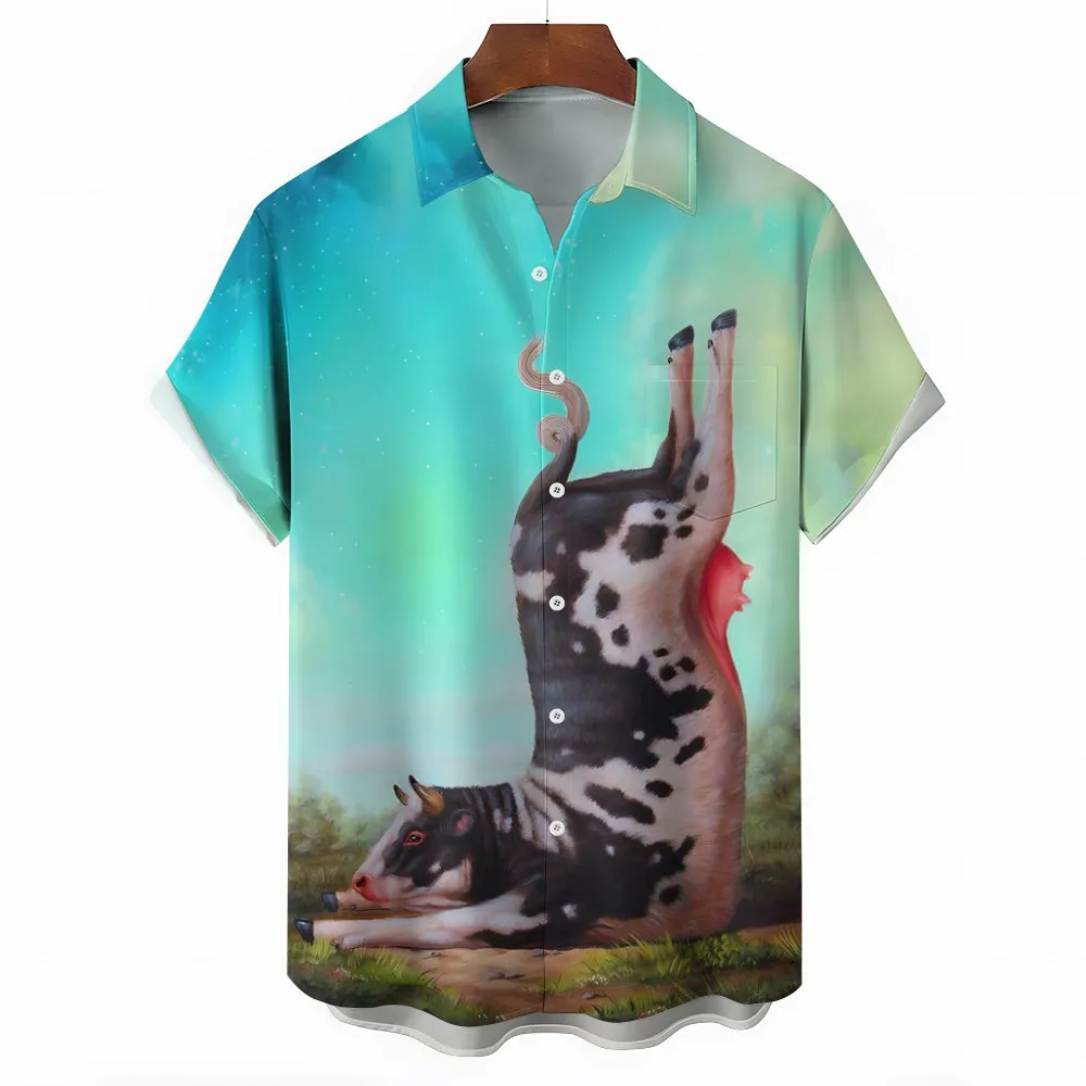 Animal Cow Button Pocket Casual Short Sleeve Shirt 2412009220