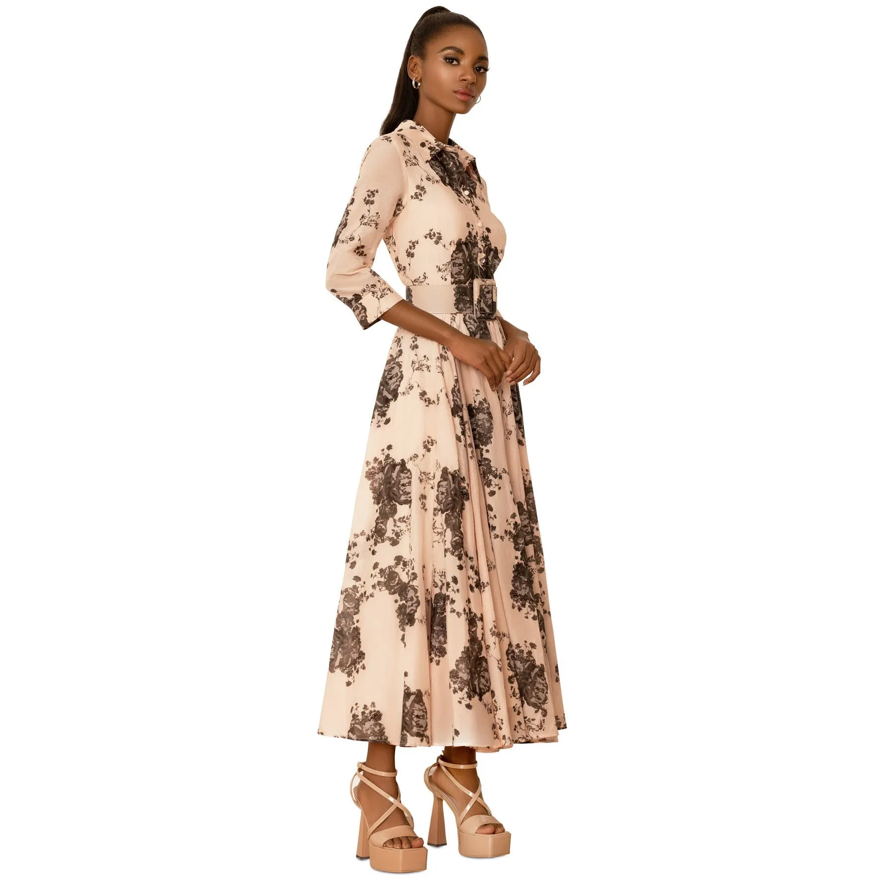 Baby Pink Silk and Cotton Belted midi Dress
