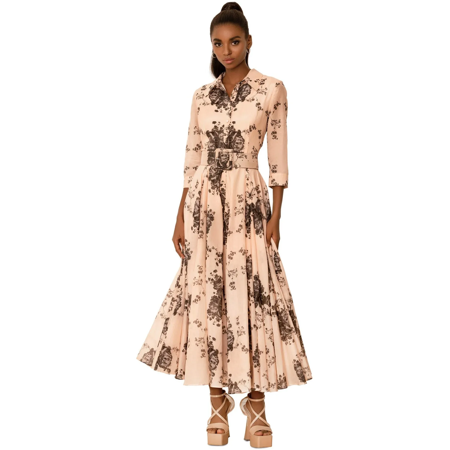 Baby Pink Silk and Cotton Belted midi Dress