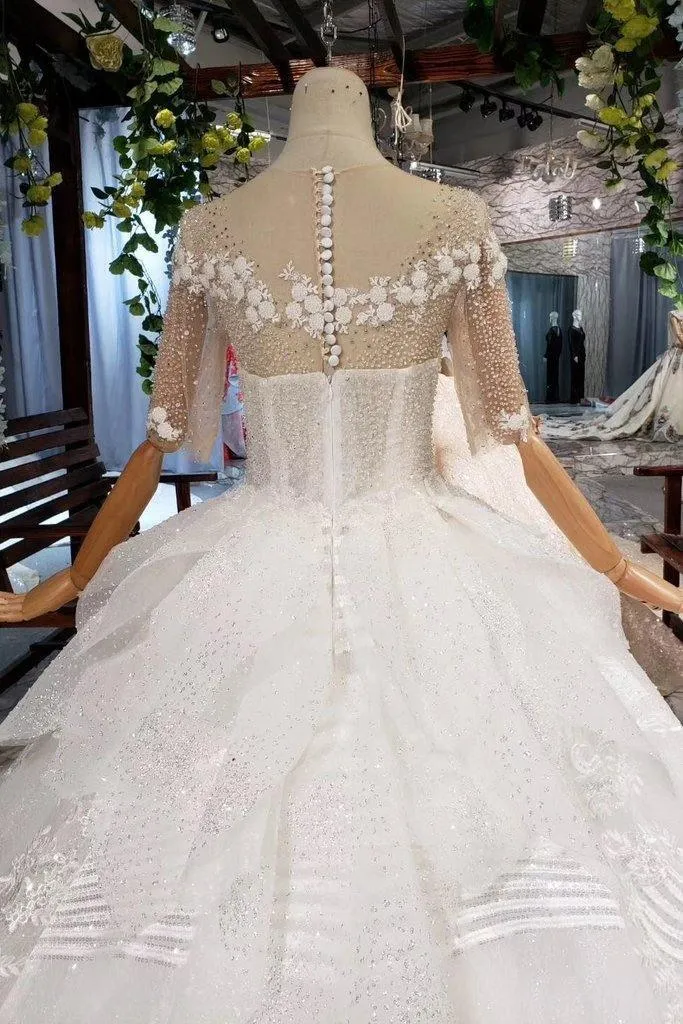 Ball Gown Half Sleeves Lace Bridal Dress with Sequins, Princess Long Wedding Dress TN186