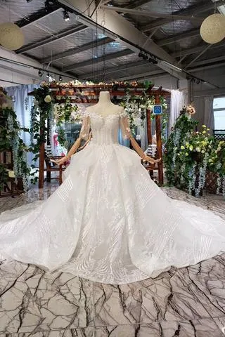 Ball Gown Half Sleeves Lace Bridal Dress with Sequins, Princess Long Wedding Dress TN186