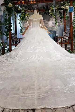 Ball Gown Half Sleeves Lace Bridal Dress with Sequins, Princess Long Wedding Dress TN186
