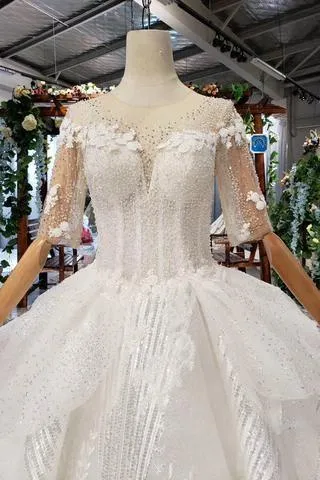 Ball Gown Half Sleeves Lace Bridal Dress with Sequins, Princess Long Wedding Dress TN186