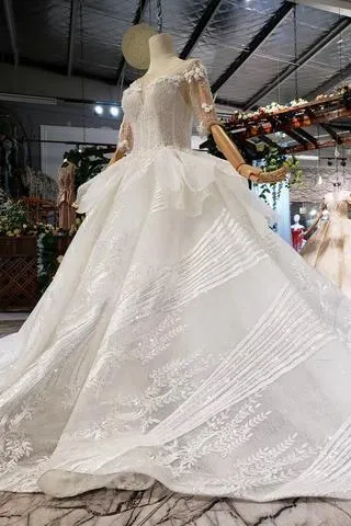 Ball Gown Half Sleeves Lace Bridal Dress with Sequins, Princess Long Wedding Dress TN186