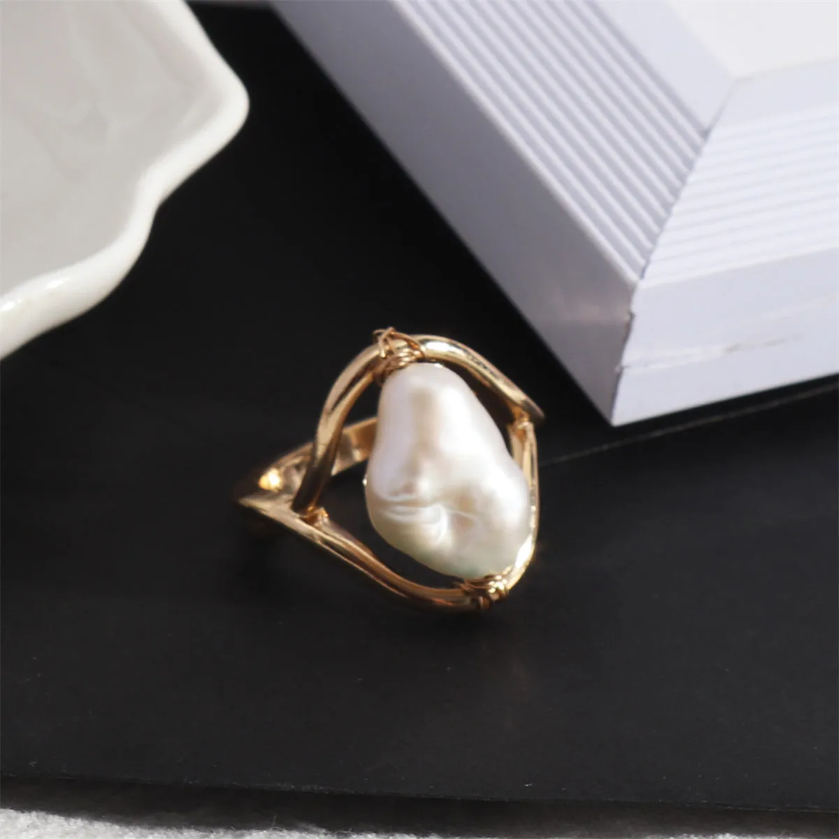 Baroque Pearl & 18K Gold-Plated Framed Ring
