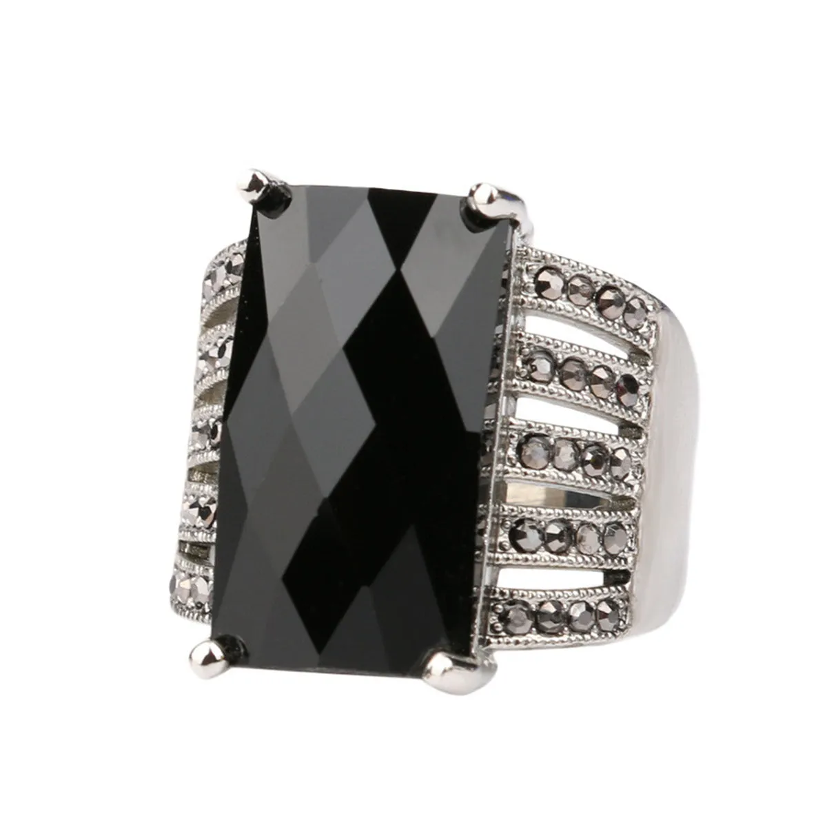 Black & Cubic Zirconia Rectangle Prong Ring