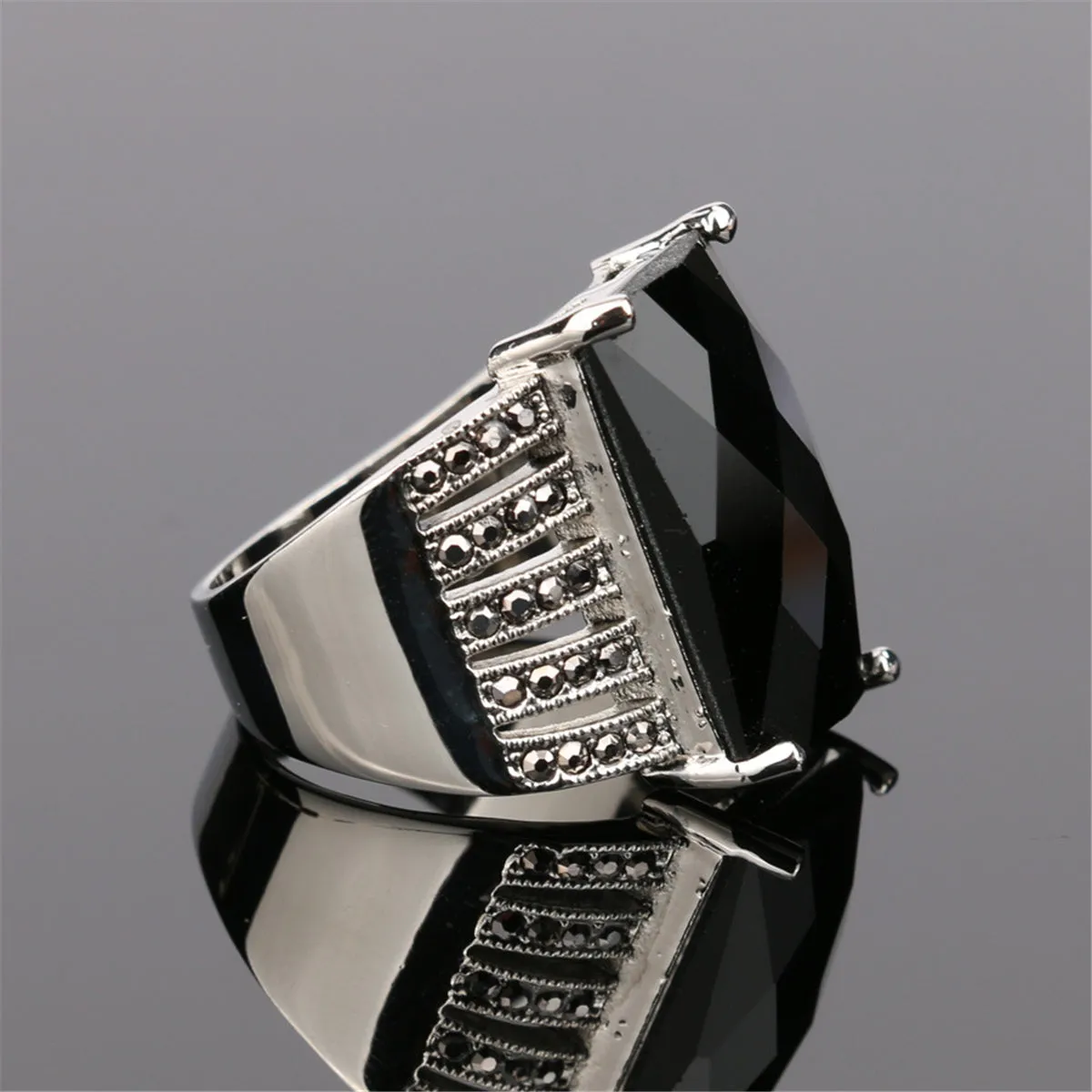 Black & Cubic Zirconia Rectangle Prong Ring