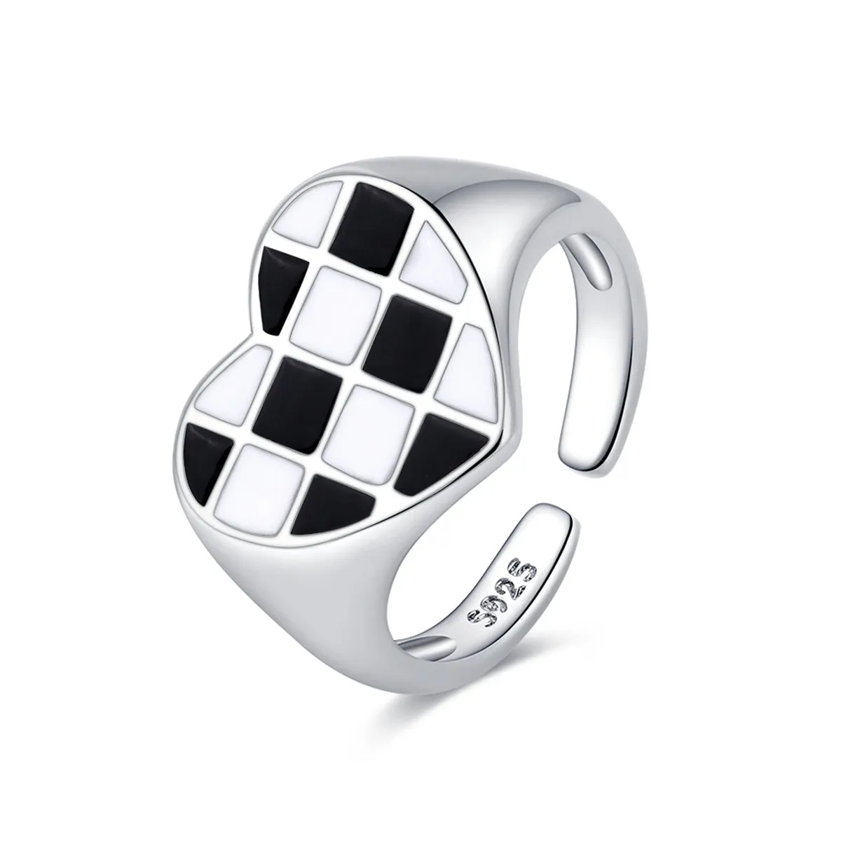 Black Enamel & Silver-Plated Checkerboard Heart Open Ring