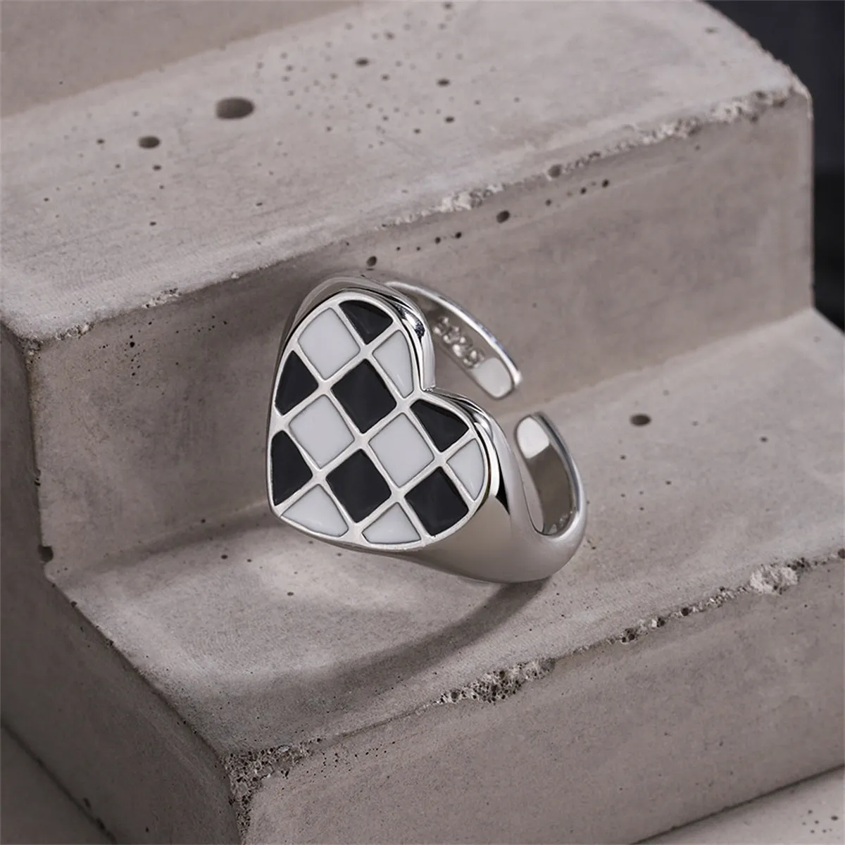 Black Enamel & Silver-Plated Checkerboard Heart Open Ring