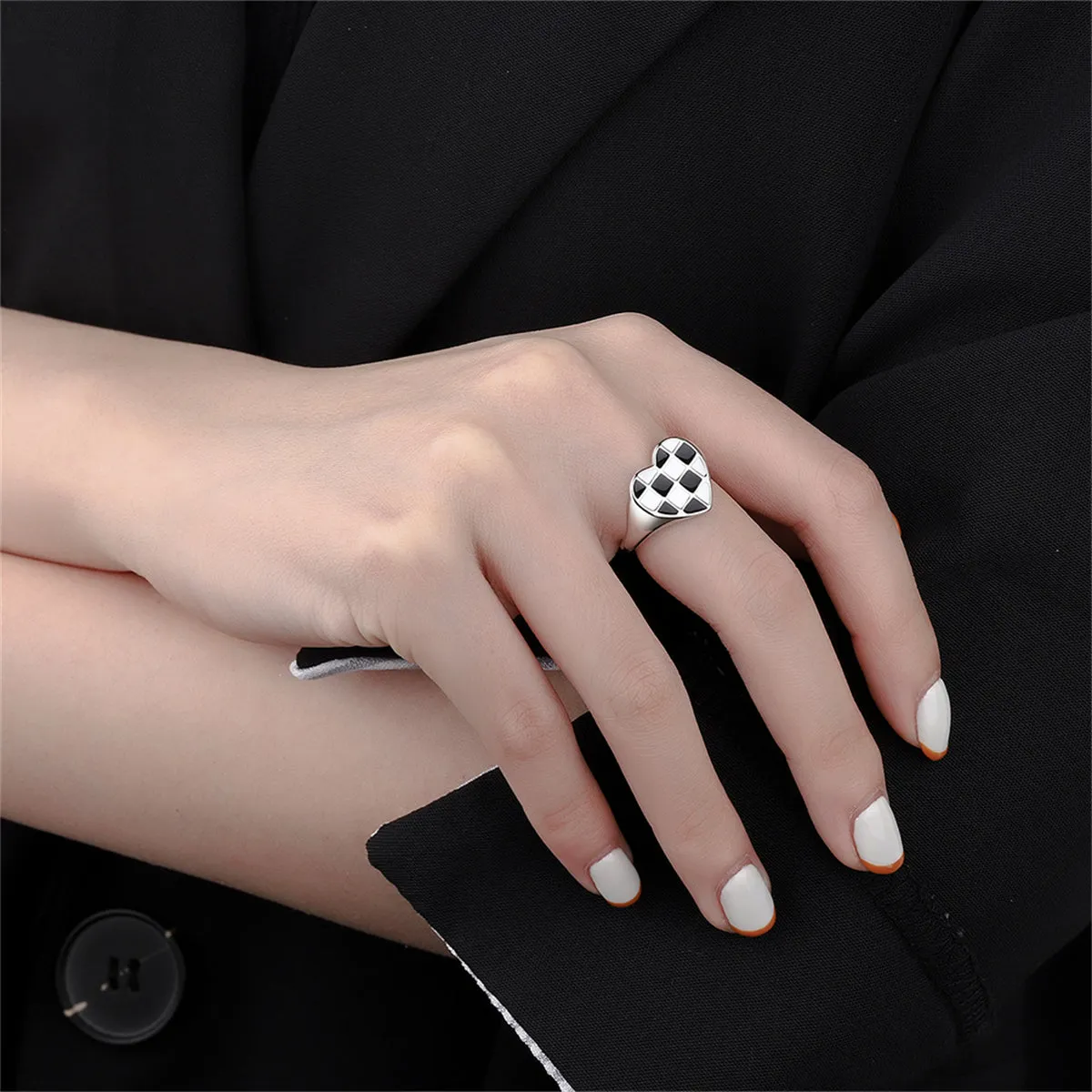 Black Enamel & Silver-Plated Checkerboard Heart Open Ring