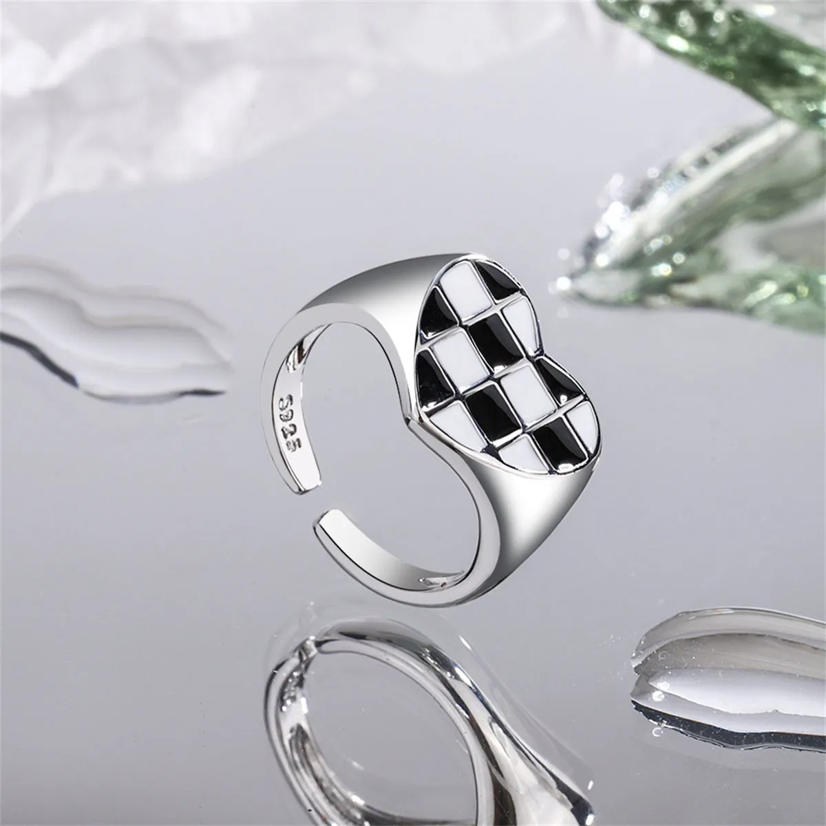 Black Enamel & Silver-Plated Checkerboard Heart Open Ring