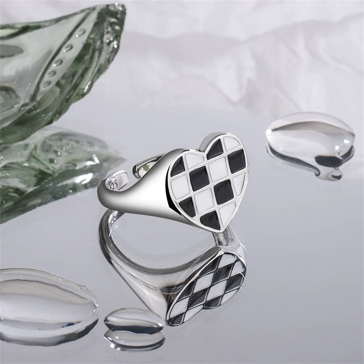 Black Enamel & Silver-Plated Checkerboard Heart Open Ring