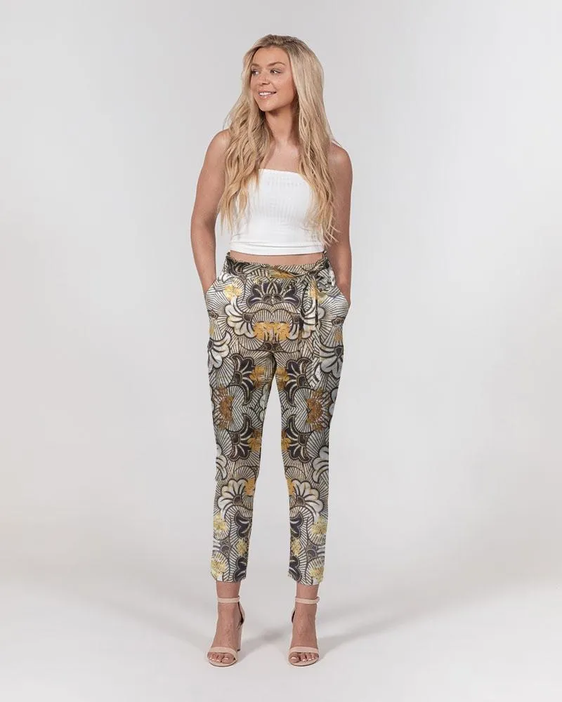 Black Gold African Print Women's Belted Tapered Pants