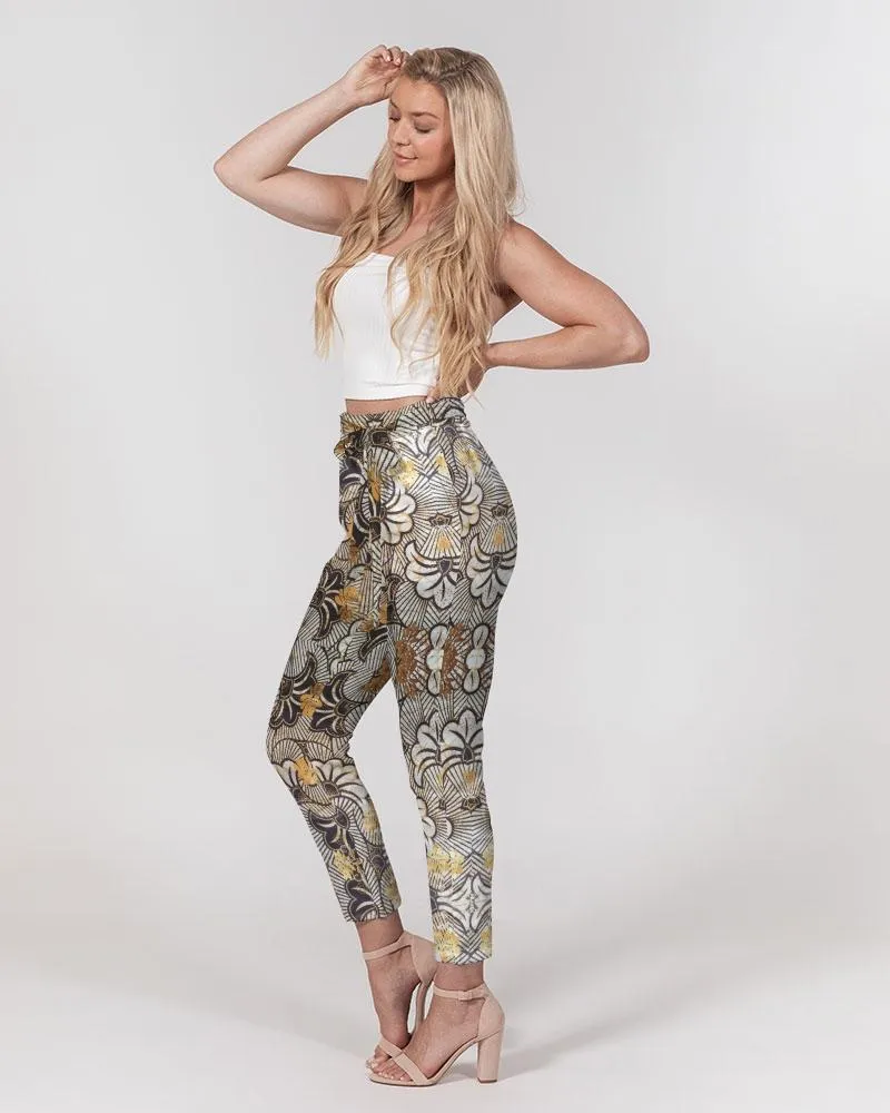 Black Gold African Print Women's Belted Tapered Pants