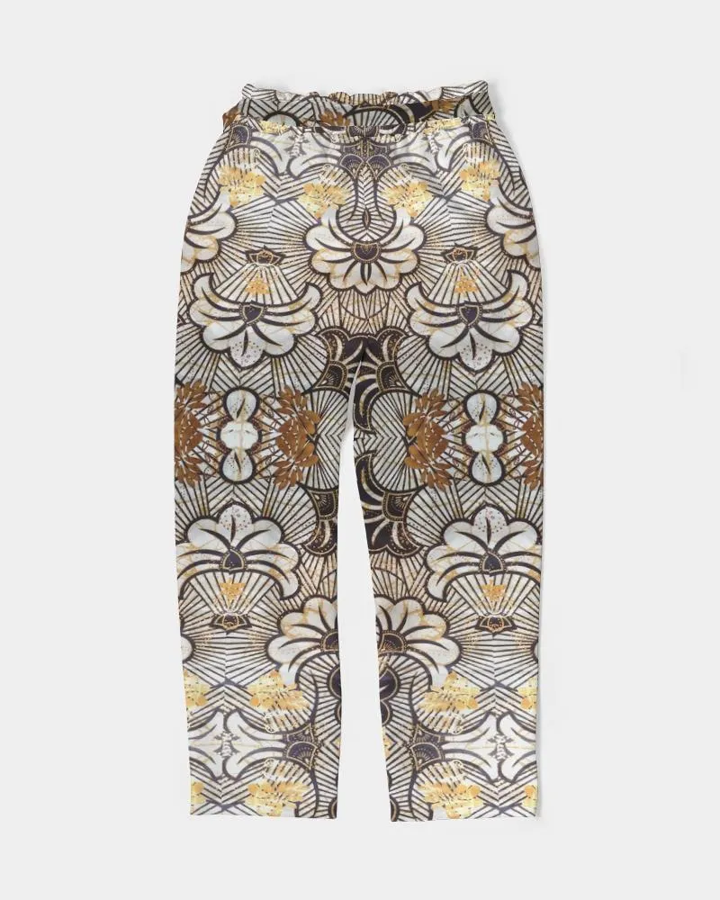 Black Gold African Print Women's Belted Tapered Pants