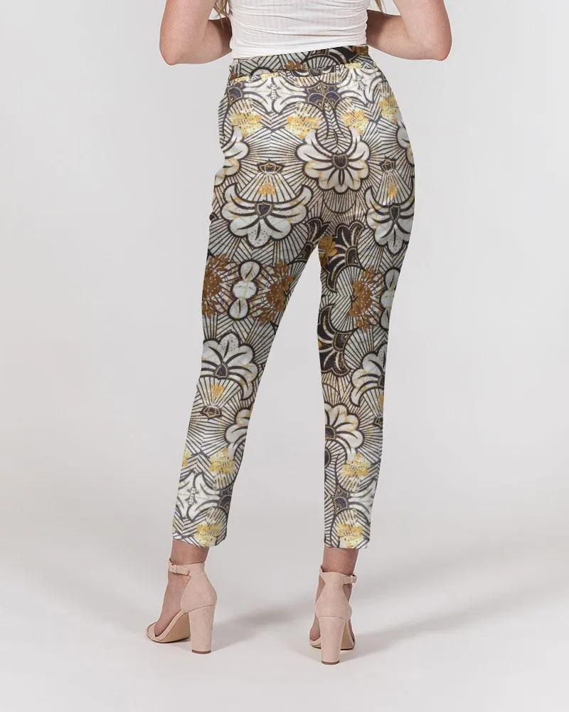 Black Gold African Print Women's Belted Tapered Pants