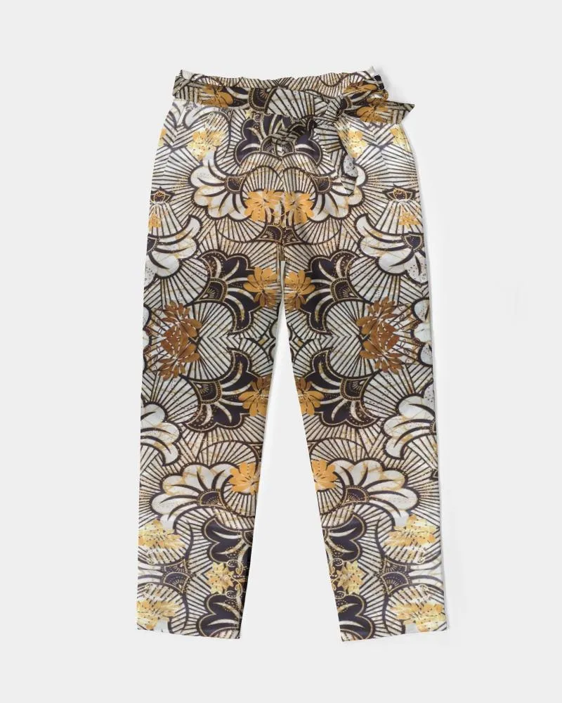 Black Gold African Print Women's Belted Tapered Pants