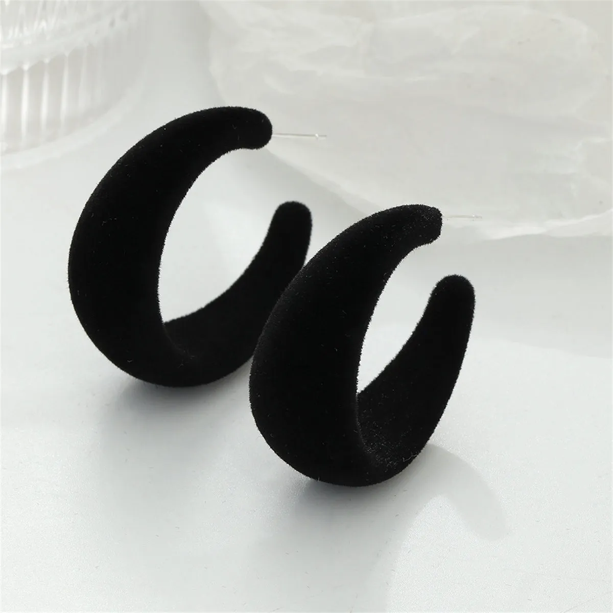 Black Nylon & Silver-Plated Huggie Hoop Earrings