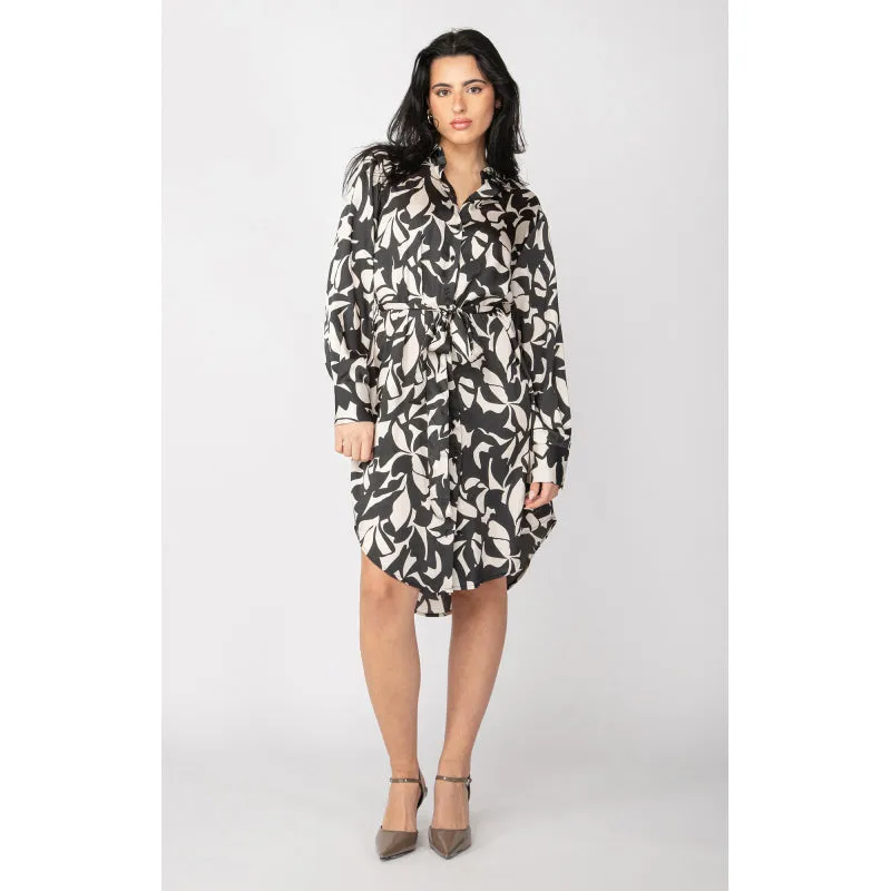 Black Tape Long Sleeve Satin Belted Shirt Dress