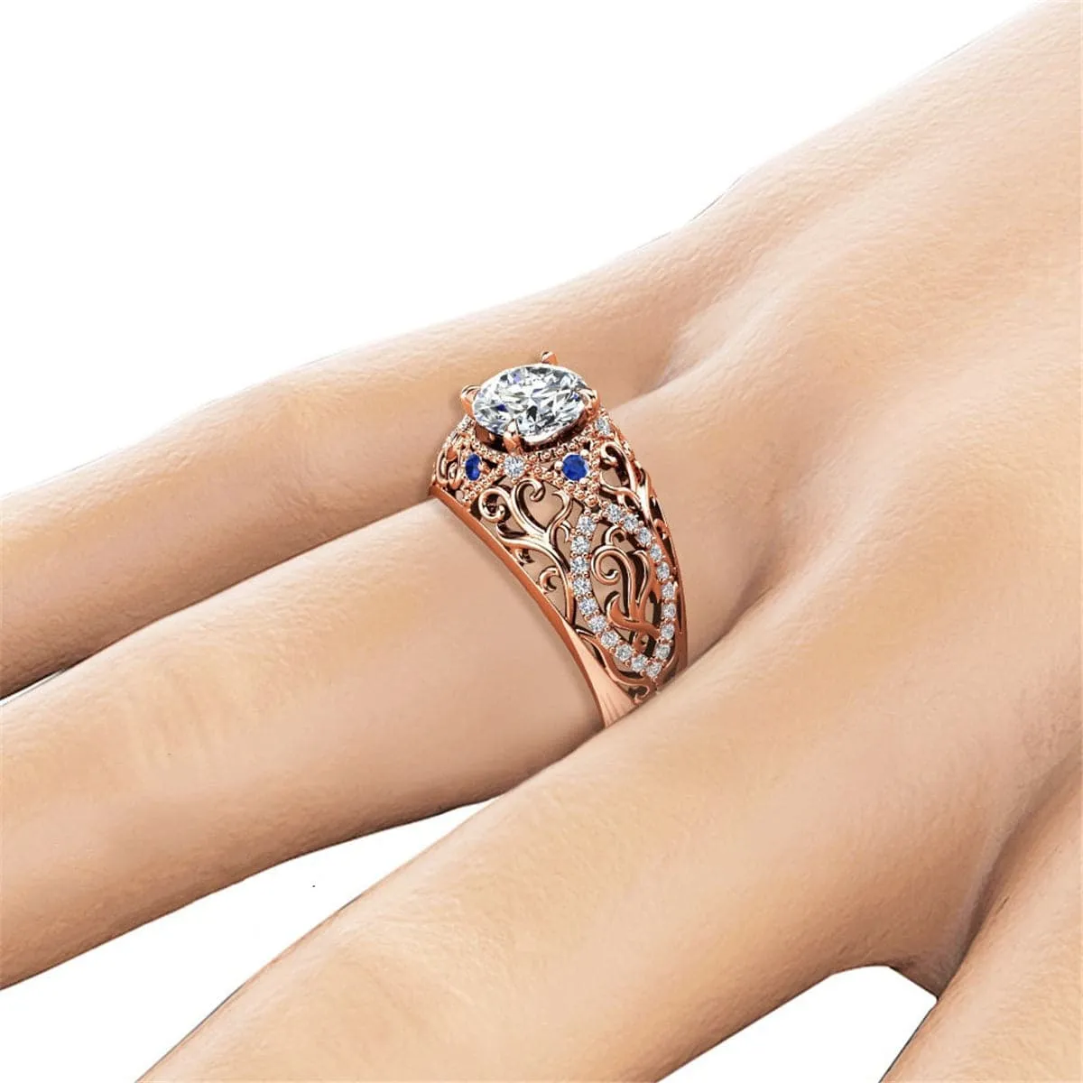 Blue Crystal & Cubic Zirconia Filigree Illusion Cocktail Ring
