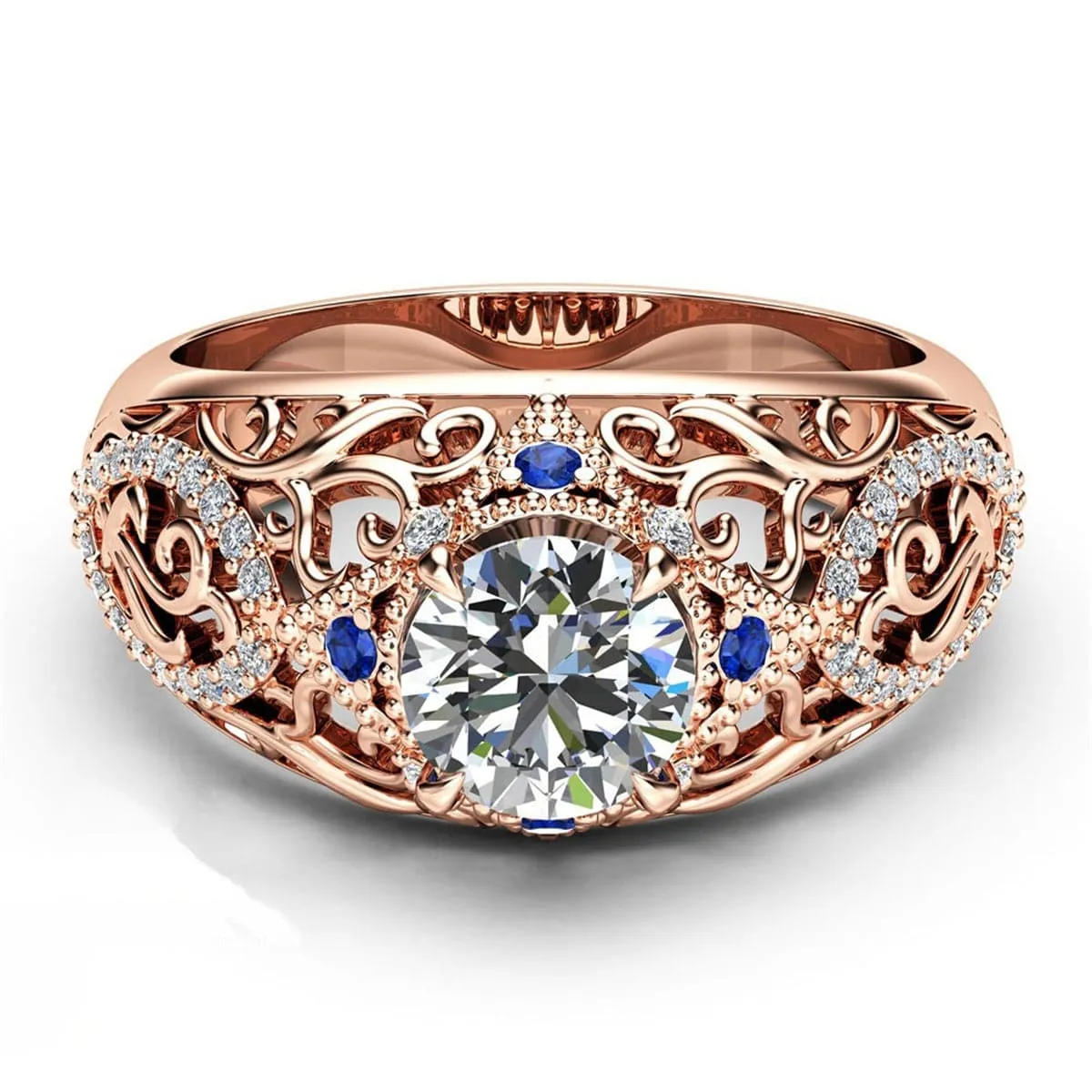 Blue Crystal & Cubic Zirconia Filigree Illusion Cocktail Ring