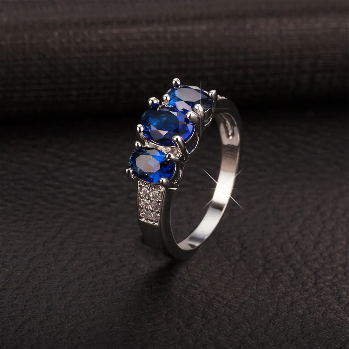 Blue Crystal & Cubic Zirconia Silver-Plated Ring