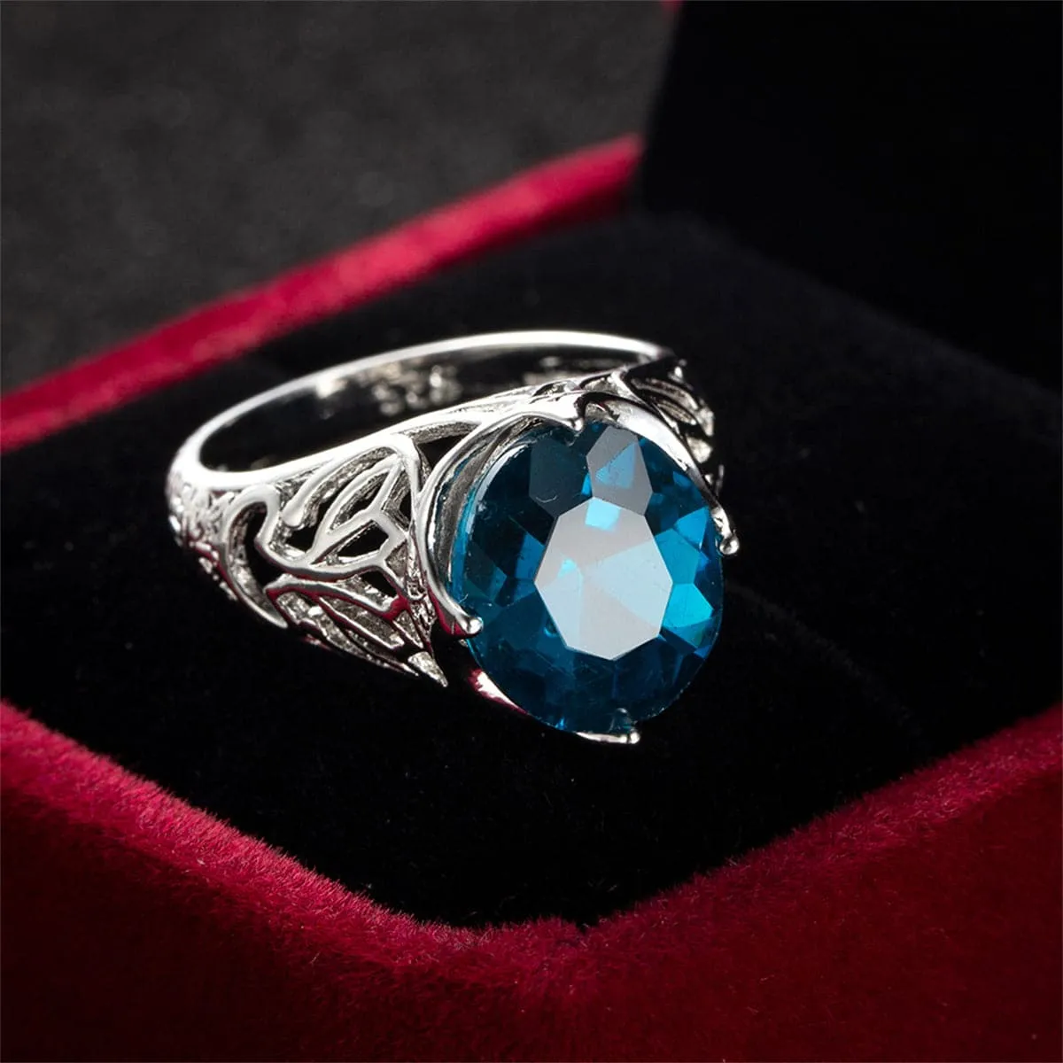 Blue Crystal & Silver-Plated Filigree Ring