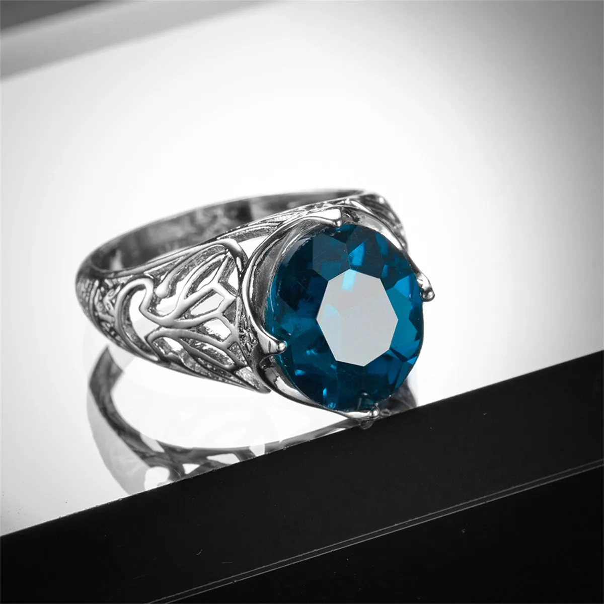 Blue Crystal & Silver-Plated Filigree Ring