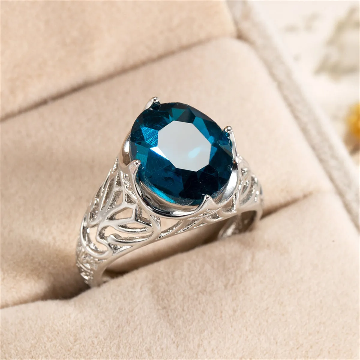 Blue Crystal & Silver-Plated Filigree Ring
