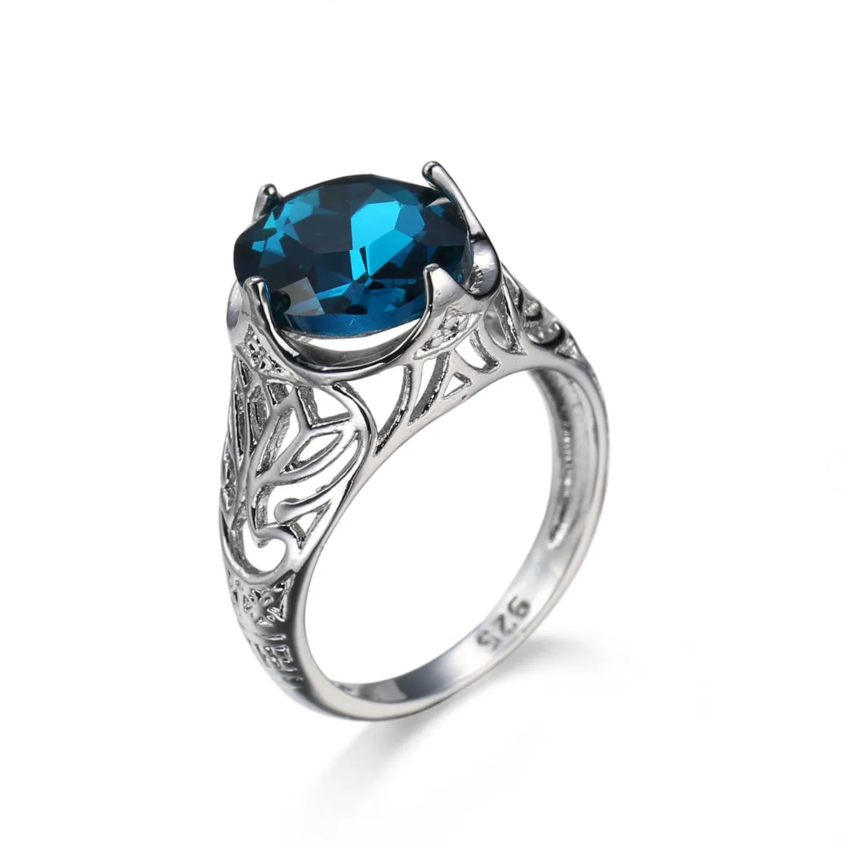 Blue Crystal & Silver-Plated Filigree Ring