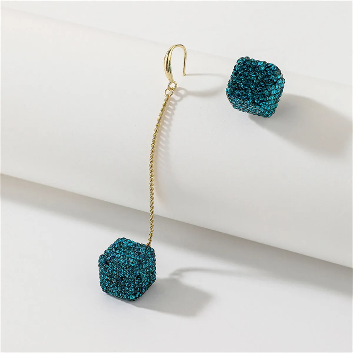 Blue Cubic Zirconia & 18K Gold-Plated Cube Stud & Drop Earring
