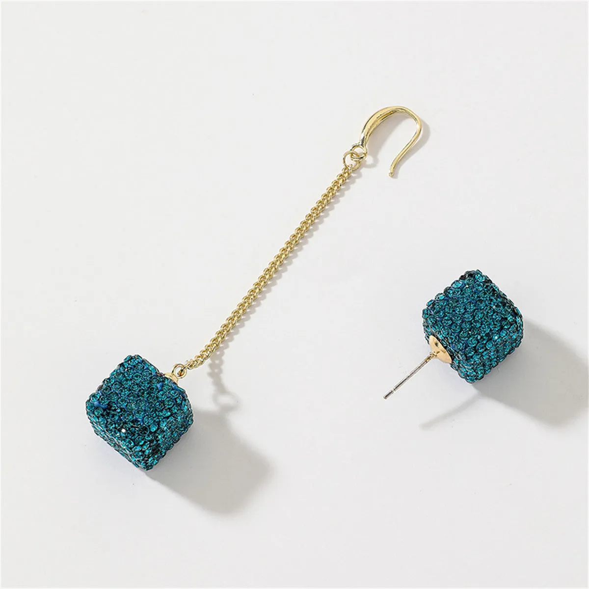 Blue Cubic Zirconia & 18K Gold-Plated Cube Stud & Drop Earring