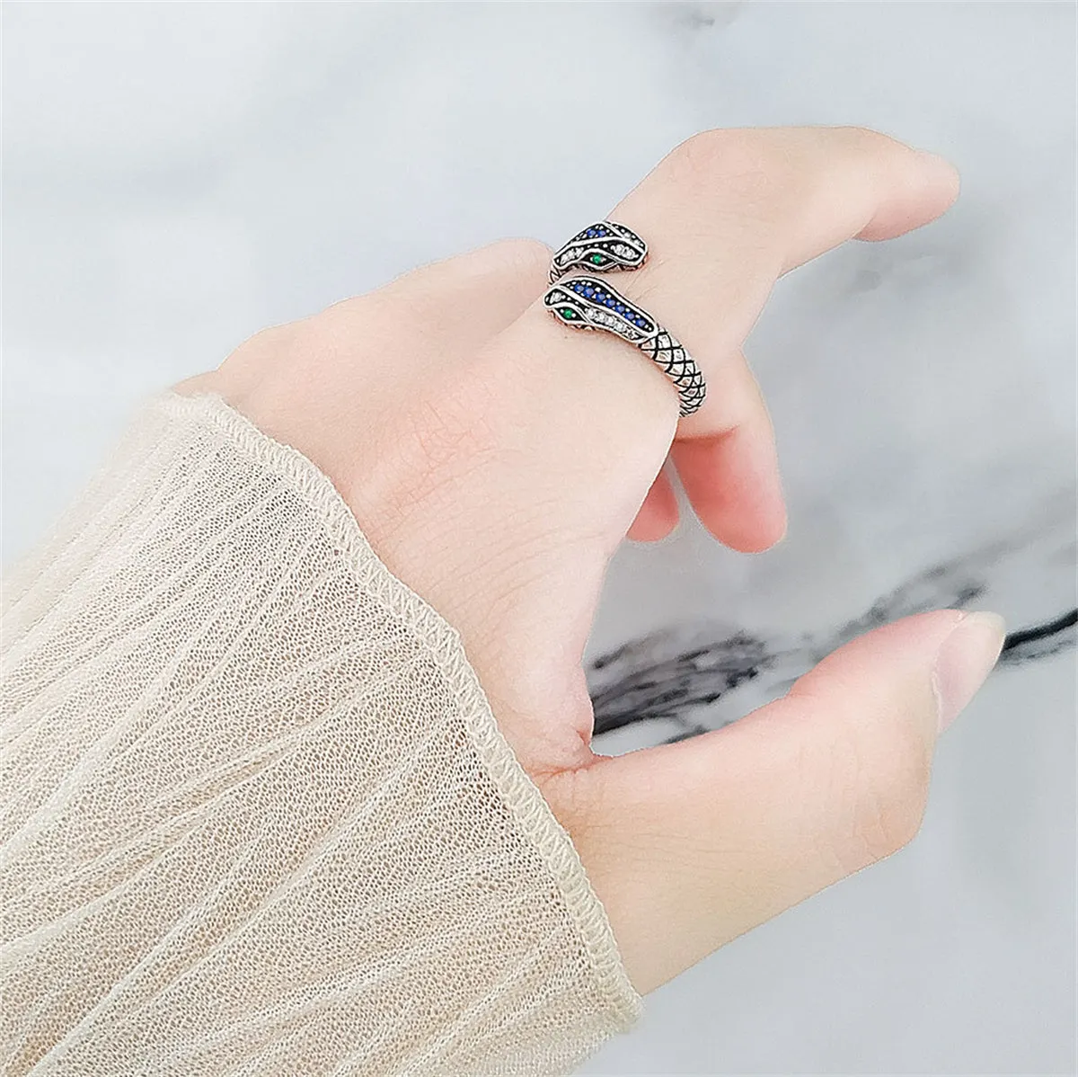 Blue Cubic Zirconia & Silver-Plated Snake Bypass Ring