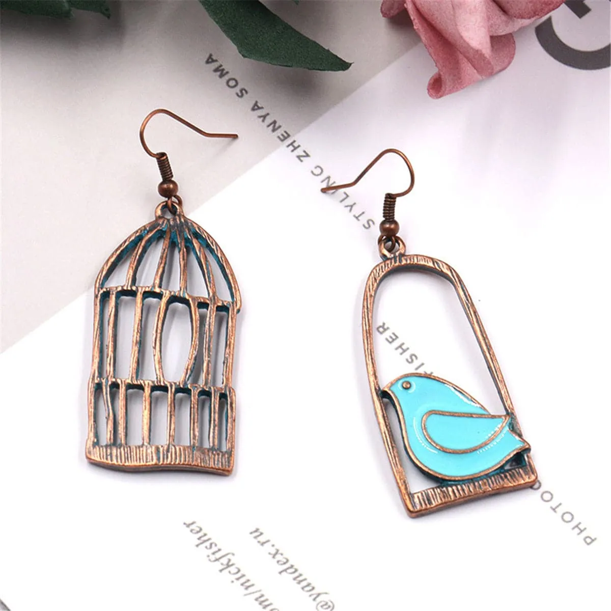 Blue Enamel & 18K Gold-Plated Birdcage Drop Earrings