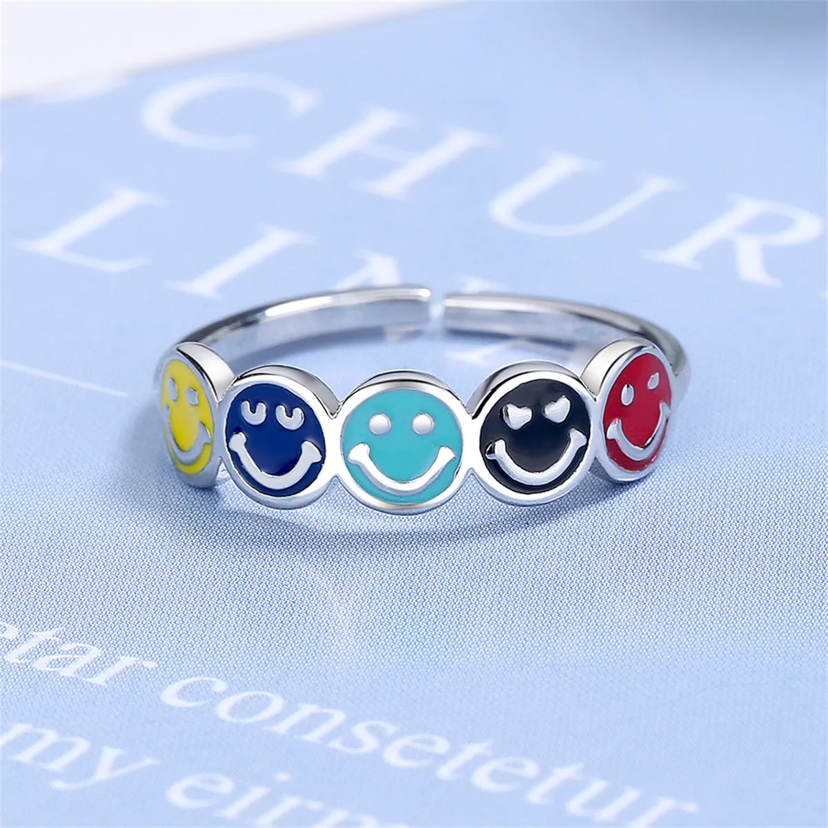 Blue Enamel & Silver-Plated Smiley Open Ring