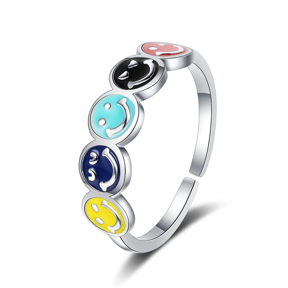 Blue Enamel & Silver-Plated Smiley Open Ring