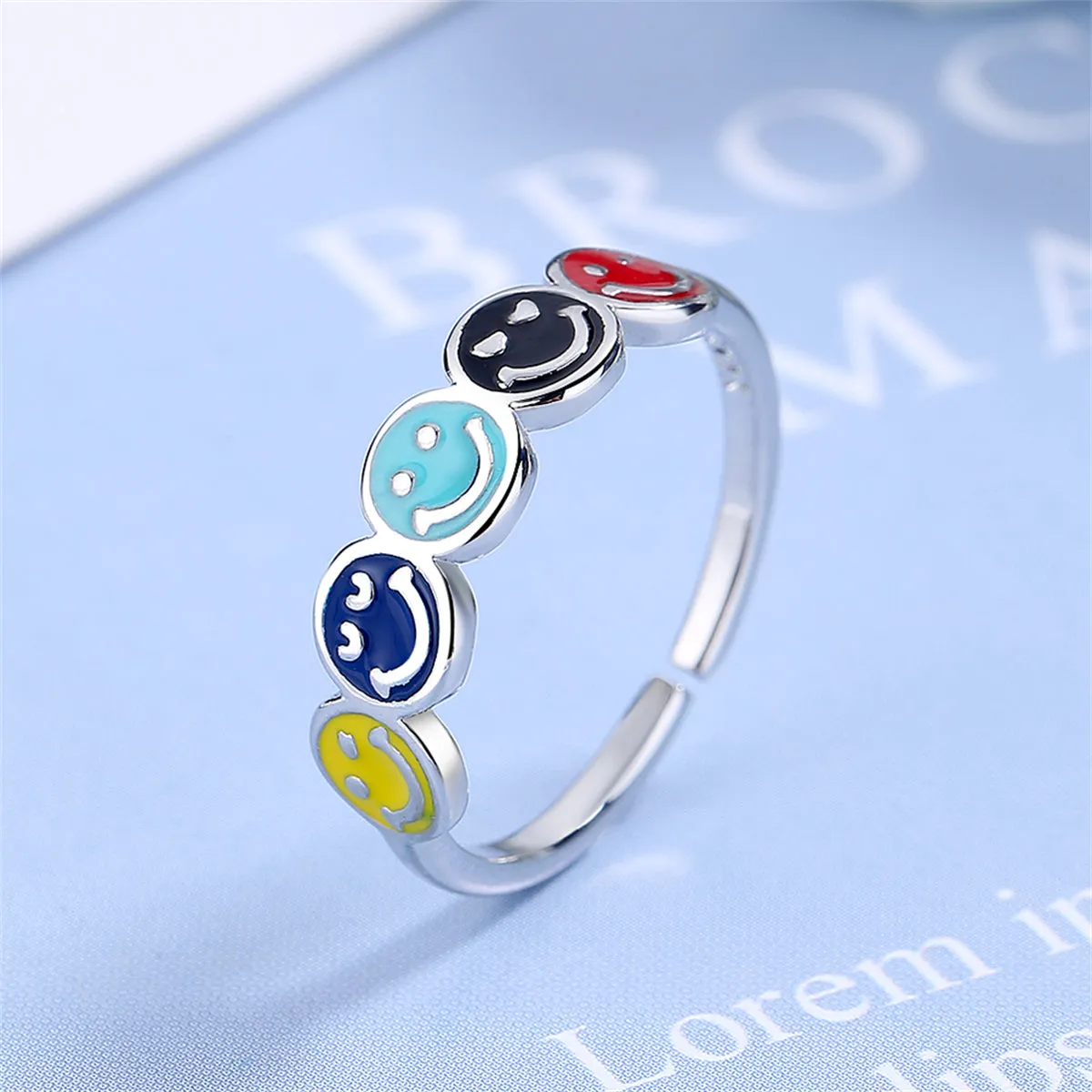 Blue Enamel & Silver-Plated Smiley Open Ring